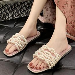Slippers Rimocy Luxury Pearl Flat For Ladies Pink Shiny Crystal Beach Flip Flops Women Rubber Soft Bottom Summer Sandals Woman