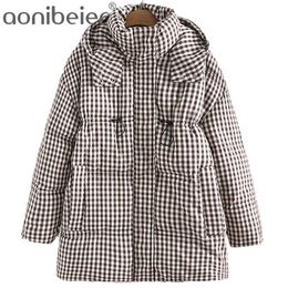Aonibeier Za Women Casual Traf Coats Oversize Winter Thick Hooded Padded Jacket Drawcord Design Plaid Loose Long Parkas 211216
