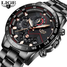 LIGE Moda Mens Relógios De Aço Inoxidável Top Marca Luxo Esporte Cronógrafo Quartz Watch Homens Preto Relógio Relogio Masculino 210527