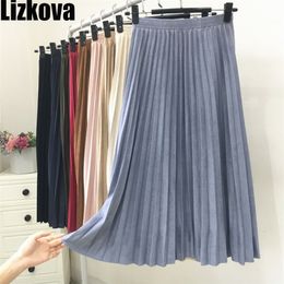 Woman Skirts Solid Colour Faux Suede Leather Pleated Skirt Elastic Waist Winter Elegant Ladies Skirts 210310