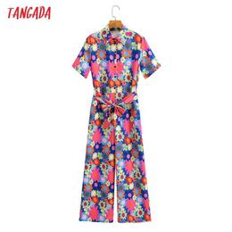 Tangada Women Colorful Flowers Print Long Jumpsuit Short Sleeve Pocket Female Casual Jumpsuit 1F208 210609