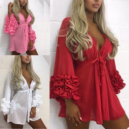 V Neck Sexy Short Sleepwear Photography Props Bridal Robes Long Sleeve Ruffles Women Nightgowns Plus Size Dress