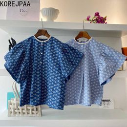 Korejpaa Women Shirt Summer Korean Chic Ladies Retro Stand-Up Collar Lace Jacquard Stitching Loose Flying Sleeve Blouses 210526
