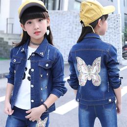 VOGUEON Girls Denim Jacket Cardigan Coat kids Jeans Outwear Butterfly Embroidery Sequins Children Clothing Spring Clothes 211011