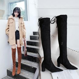 Boots Winter Thigh High Women Sexy Slim Thick Heel Over The Knee Zip Pointed Toe Shoes Female Autumn Size 32-43