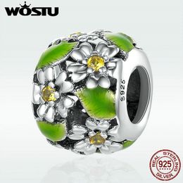 WOSTU New Arrival 925 Sterling Silver Daisy Flower Leaves Charm Beads fit Charm Bracelet DIY Jewellery Making DXC490 Q0531