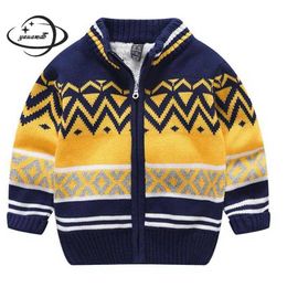 Yauamdb Kids Sweaters Winter Knitwear 5-13y Boys Striped Cardigan O-Neck Zipper Long Sleeve Add Wool Children's Clothes Ly57 211106