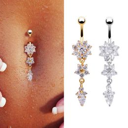 Sexy Dangle Belly Bars Belly Button Rings, Auniquestyle Belly Piercing CZ Crystal Flower Body Jewelry Navel Piercing Rings