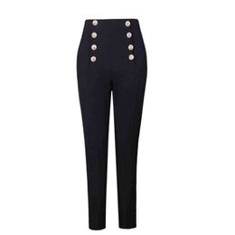 Selling Style Elegant Women Solid Colour Black & White Buttons Slim Penci Pants All-match Ankle-Length Capris 211124