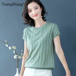 Women Summer Striped O-Neck Thin Pullovers Female Short Sleeve Solid Colour Knitted T-Shirts Green Slim Elasticity Lady Tops 210812