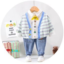 Baby Clothing Sets Boys Suits Kids Clothes Spring And Autumn Long Sleeve Striped Cardigan Jeans Jacket Shirts Top Bow 3Pcs B7791