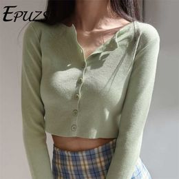 Korean O-neck Short Knitted Sweater Pink Cardigan Fashion long sleeve Sleeve Crop Top Sweet crop sweater 211011