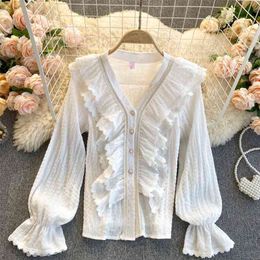 Elegant Women's Ruffled Blouse Shirt Korean Fashion Spring Summer Long Sleeve V-neck Casual Chiffon Lace 210603