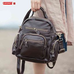 Genuine Leather Women's Backpack Female Shoulder Bag Casual Ladies School Bags Travel Backpacks Original First Layer Leather Q0528