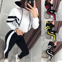 Hooded Tracksuit For Women Spring Long Sleeve Sweatershirt Sport Suit 2Pcs Sports Set Outfits Striped Fashion Running Sets 210802