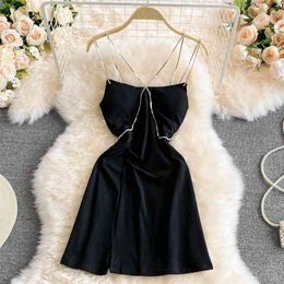 Sexy Spaghetti Strap Mini Dress Women Summer Korean Sleeveless Open Back High Waist A-line Night Out Club 210603