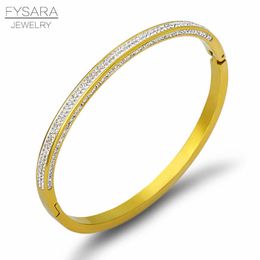 Fysara Cubic Zirconia Aaa Crystals Cuff Bracelets Stainless Steel Fahison Bridal Gold Bracelets Thin Bangles Elegant Jewellery Q0717