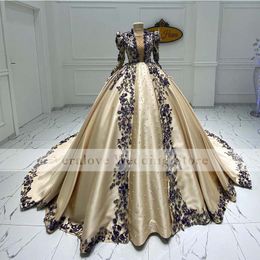 Champagne Black Prom Dresses Ball Gown Long Sleeves Scoop Appliques Lace Satin Quinceanera Dress 2021 Party Wear