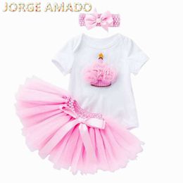 Baby Girl Birthday Sets Cotton Short Sleeve Cake Romper +Gauze Skirts+Headbands 3 Piece Suit Clothing YK011 210610