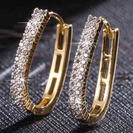 Luxury Zircon Crystal Gold Hoop Earring For Women Shining Round Big Earrings Fashion Wedding Jewellery Bride Shellhard 210507