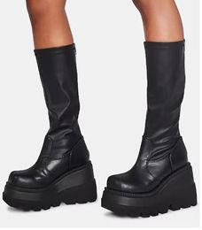 Boots Punk Women's Girls Knee High Super Wedge Heels Platform Black Leather Shoes Plush Lining Winter M30