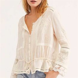 TEELYNN Long Sleeve white lace Blouses Shirts women vintage floral Embroidery tassel blouse Top Boho autumn blusas 210719