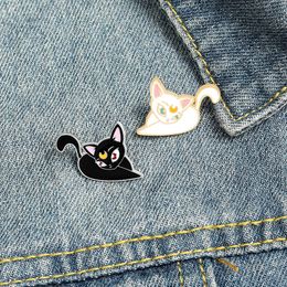 Luna Cat Enamel Pin Moon Girl Kitten Brooches Bag Lapel Pins Black White Animal Badge Jewellery Gift for Kids Fans Friends
