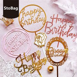 StoBag 20pcs Happy Birthday Love Acrylic Insert Flags Wedding Party Cake Decorating Baby Shower Favour Kind Gift Valentine's Day 210602