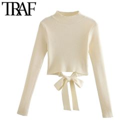 TRAF Women Fashion With Bow Tied Cropped Knitted Sweater Vintage Long Sleeve Backless Female Pullovers Chic Tops 210914