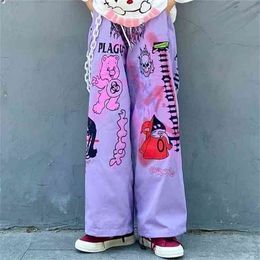 Womens wide-leg pants summer style cartoon print straight trousers personality graffiti street clothing loose 210915