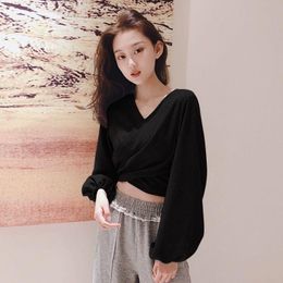 Women's T-Shirt Women Sexy Crop Tops Long Sleeve V-neck Cotton Short Section Loose Autumn Clothing Solid Colour T Shirt