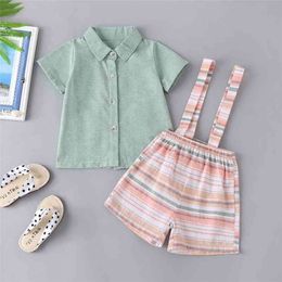 Summer Children Sets Casual Short Sleeve Single Breasted Green Solid T-shirt Striped Rompers 2Pcs Girls Boys Clothes Set 210629