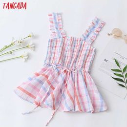 Tangada Women Retro Plaid Print Ruffles Crop Shirt Sleeveless Summer Chic Female Sexy Slim Shirt Tops QW78 210609