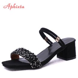 Aphixta Shoes Women Sandals Luxury Crystal Shoes Summer Open Toe Buckle Chunky Heels Rhinestone Slippers Silver Gold Large Size K731