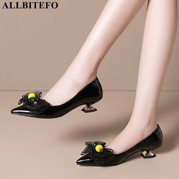 ALLBITEFO fashion bowtie genuine leather women high heel shoes brand high heels office ladies shoes party women heels size:33-43 210611