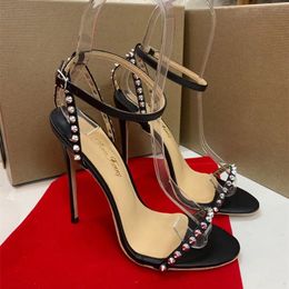Casual Designer Sexy Dame Mode Femmes Sandales En Cuir Noir Spikes Strappy Peep Toe Slingback High Talons Stiletto Stripper Shoes 12cm 10cm