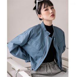 Women's Jackets Jacket Woman Short Stand Collar Leather Faux Fur Bomber 2022 Spring Fashion Chic Loose Solid Colour Coat Office Lady