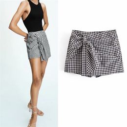 Women Summer Plaid Shorts Pleated Sashes Bow Tie ZA Fashion Female Street Sweet Shorts Bottons Clothing 210625
