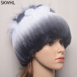 Handmade Knitted Women 100% Real Rex Rabbit Fur Hat Top Fox Fur Flowers Caps Winter Warm Genuine