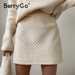 BerryGo Autumn faux suede skirt women mini winter Elegant plaid short Solid elastic waist 211120