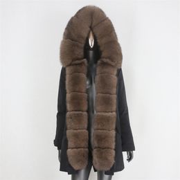 BLUENESSFAIR Waterproof Long Parka Real Fur Coat Natural Fur Collar Hood Outerwear Winter Jacket Women Warm Streetwear 211018