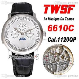 TWSF Patrimony Perpetual Calendar 6610C A1120 Automatic Mens Watch La Musique Du Temps Steel Case Sivler Texture Dial Black Leather Super Edition Puretime A1