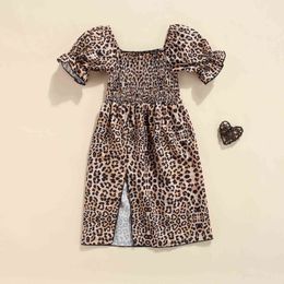 Citgeett Summer Kids Girls Casual Long Dress Brown Leopard Printed Pattern Short Sleeve Square Collar Clothes Q0716