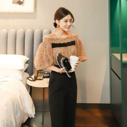 Fashion Black Dot Lantern Sleeve Mesh Shirt And High Waist Long Pants Two-Piece Suit Summer Korean Office OL Work Set 210529