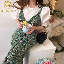 Women 2 Piece Set Korean Style Chic Vintage O Neck Puff Sleeve Shirt Single Breasted Floral Split Dungaree Dresses Lady 210730