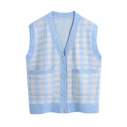 Evfer Women Fashion Jewellery Button Za Knitted Sprint Cardigans Vest Feamle Casual Sleeveless V-Neck Plaid Blue Sweaters Chic 210812