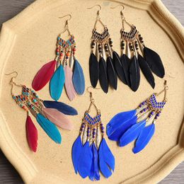 10pairs/Lot Bohemian Long Tassel Bead Earrings Hook European Feather Metal Dangle Earring Women Colourful Gift Ear Drop Jewellery Accessories