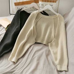 Fall Winter Cardigans Crop Top Women Lantern Sleeve Casual loose Knitted Cardigan Sweater Coat Korean Clothes 211018