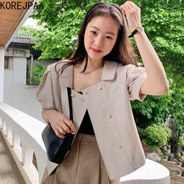 Korejpaa Women Jackets Summer All-Match Square Collar Thin Leaky Clavicle Double-Breasted Puff Sleeve Suit Short Blazers 210526