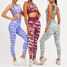 Camouflage Yoga Sets Women 2 Peice Set Sports Tank Top And Camo Leggings Gym Seamless Outdoor Outfit